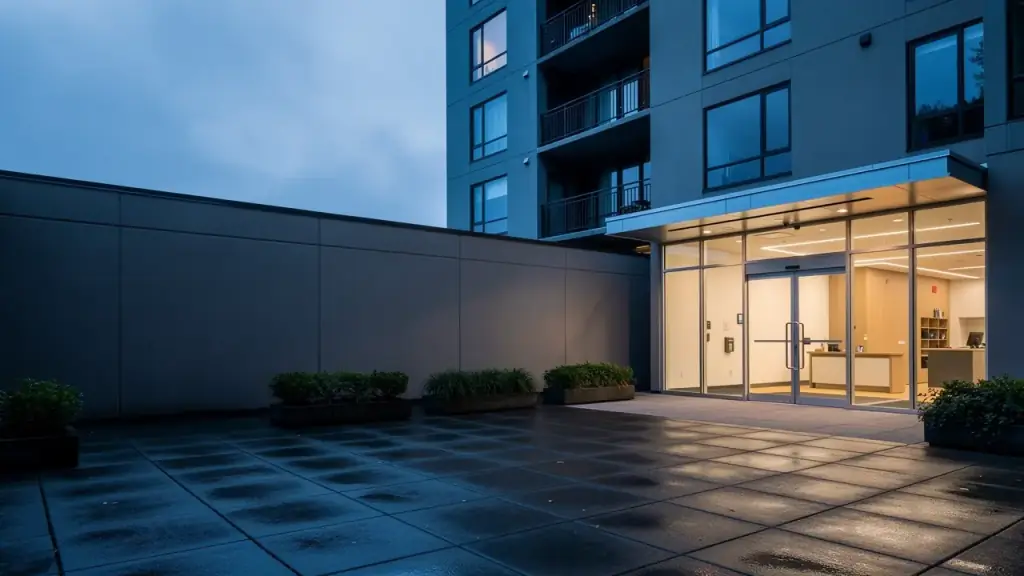 The courtyard entry of a mid-rise apartment building at blue hour, pavers wet from rain