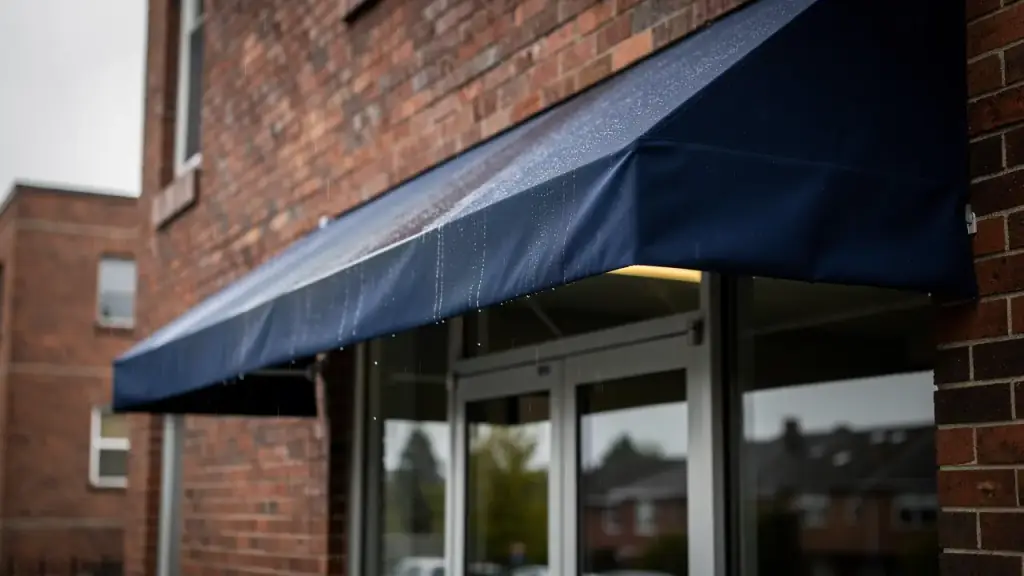 A clean dark blue fabric awning over a brick apartment entrance, beaded with rain