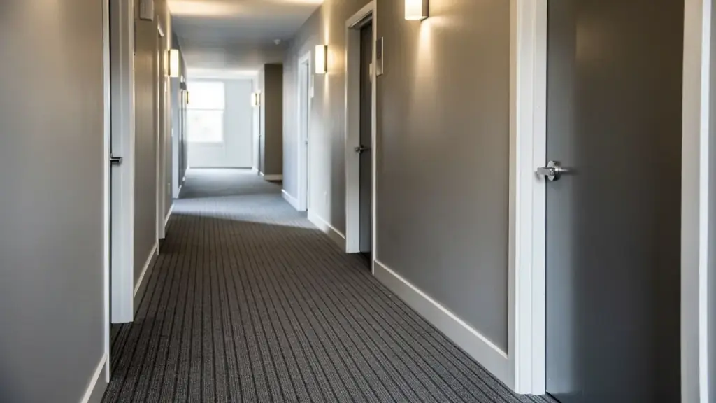 An apartment building corridor with a freshly vacuumed carpet runner and wiped door frames