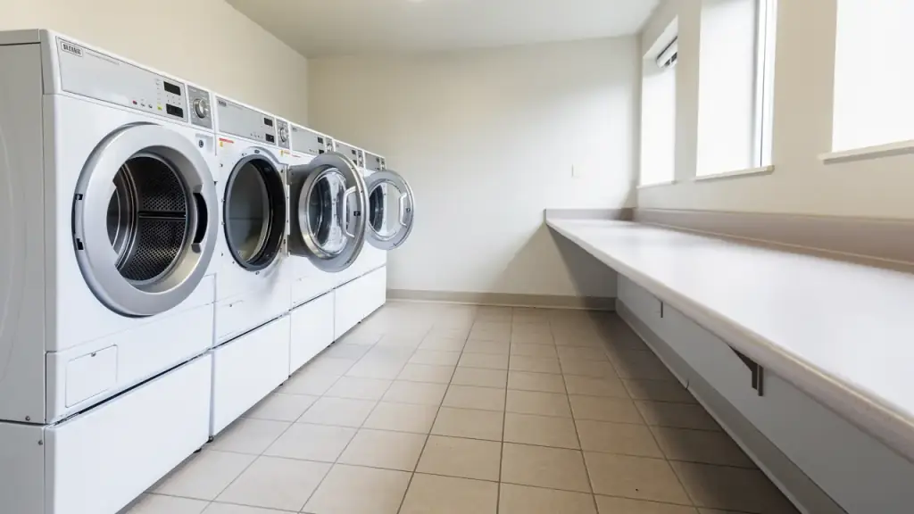 A shared apartment laundry room with a row of clean front-load washers