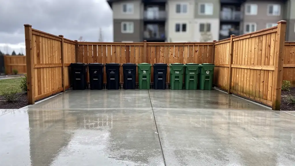 A hosed-clean dumpster pad with trash and recycling carts lined up inside a cedar enclosure