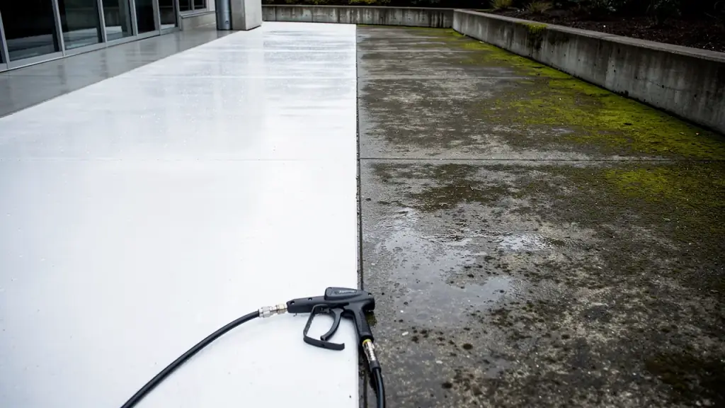 A concrete walkway half pressure-washed, with a clean line between washed and weathered concrete