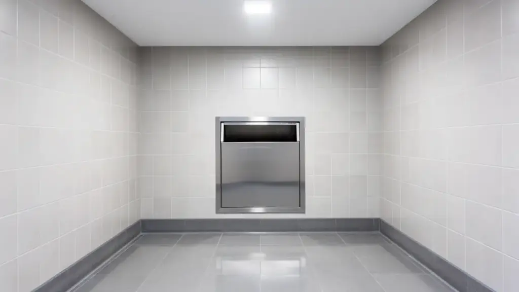 A tiled trash chute room with a closed stainless hopper door